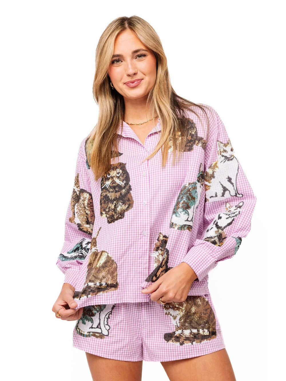 QUEEN OF SPARKLES GINGHAM QUEEN OF CATS BUTTON DOWN SHIRT + SHORTS